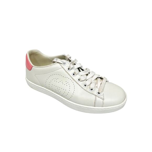 GUCCI $750 White Pink Perforated Leather Interlocking GG Ace Sneakers IT 35 US 5 - Picture 2 of 11